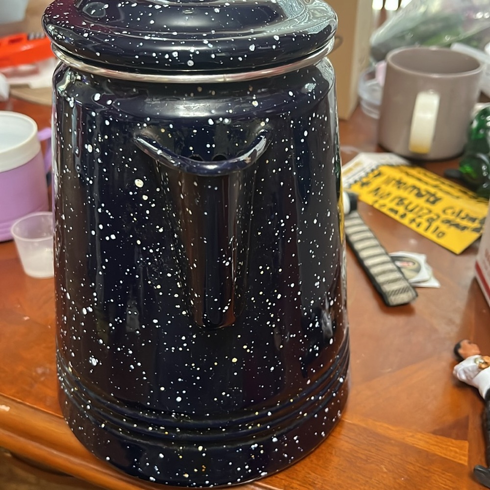 Vintage Blue Speckled Enamel Ware Kettle Coffee Pot w/Lid Metal Camping - Picture 4 of 6